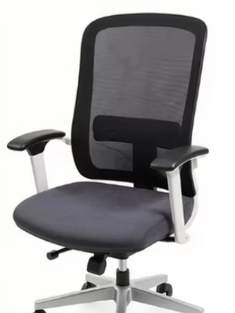 Diana: silla de oficina con respaldo de malla, apoyo lumbar y asiento tapizado en gris