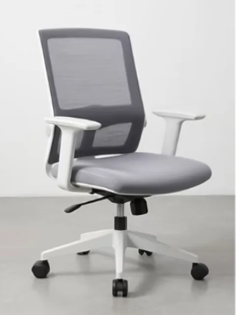 Luna: silla de oficina en gris y blanco, con respaldo de malla